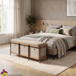Panca Contenitore in Ferro, Legno e Tessuto con 3 Cassetti cm 104x44,5 H.45 - Nuovo - art.120977 - arredamentishop.it  AD TRE...