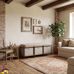 Panca Contenitore in Ferro, Legno e Tessuto con 3 Cassetti cm 104x44,5 H.45 - Nuovo - art.120977 - arredamentishop.it  AD TRE...