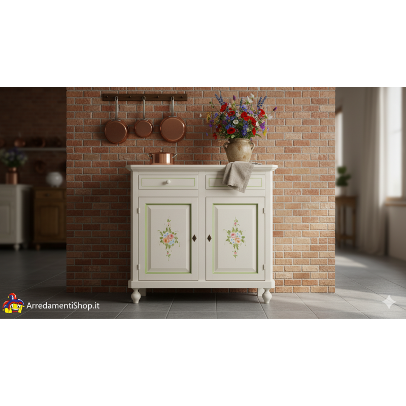 Credenza 2 porte cm 104x43h.98 bianca con decori a mano nuova art.0500 consegna gratuita-arredamentishop.it  Tempesta Offerte...