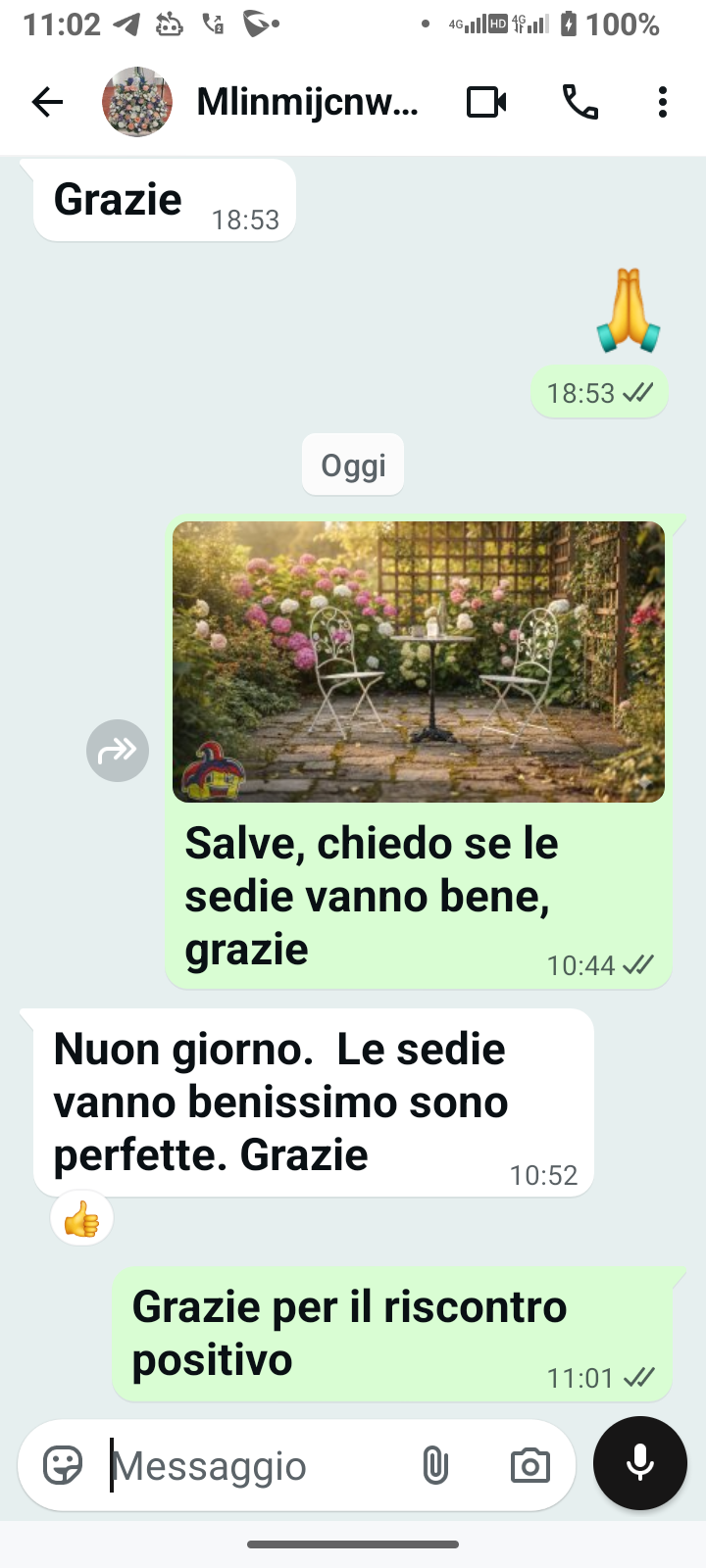 Testimonianza reale di un cliente: " Le sedie vanno benissimo sono perfette. Grazie ".