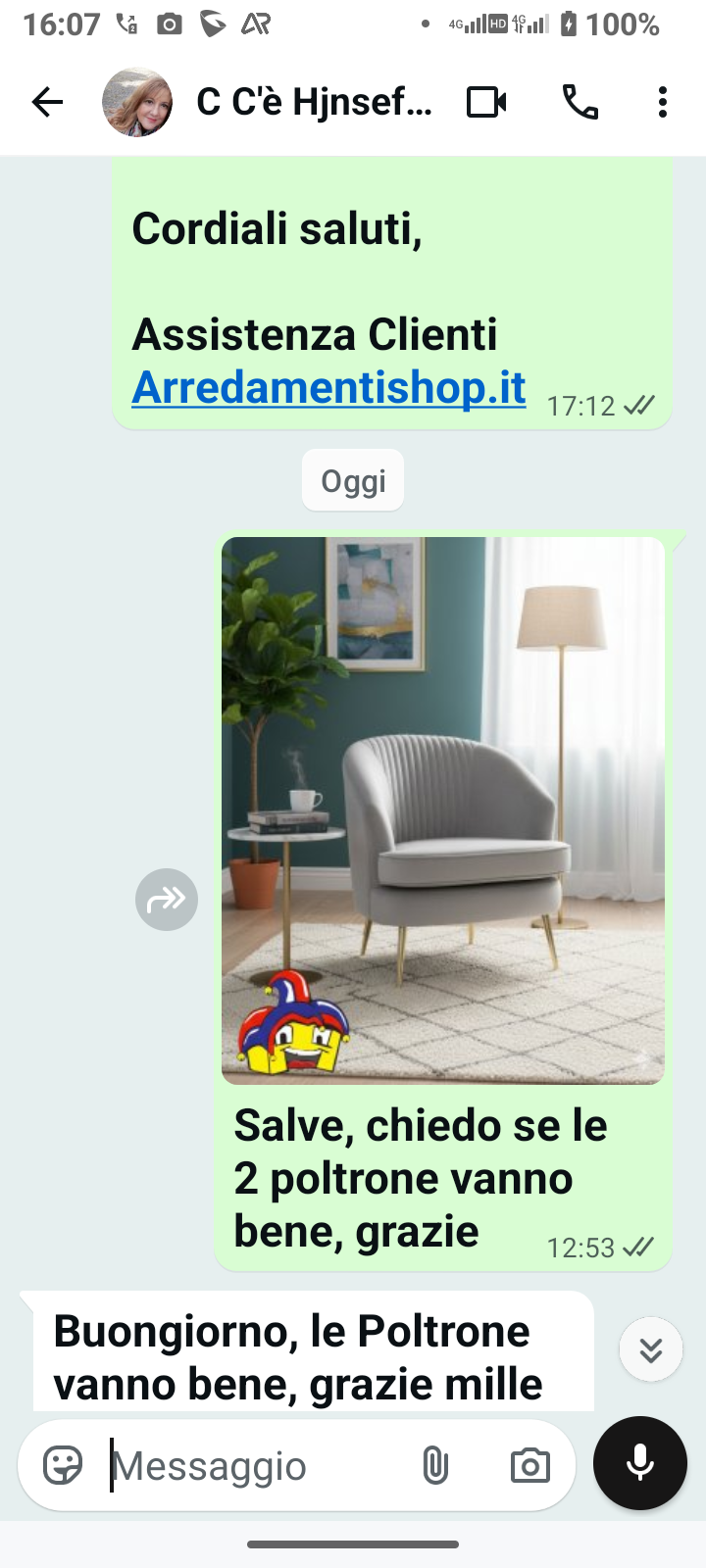 Testimonianza reale di un cliente: " Buongiorno, le Poltrone vanno bene, grazie mille "