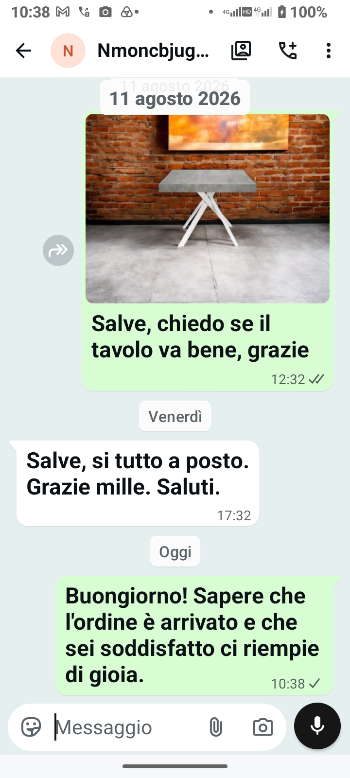 Testimonianza reale di un cliente: " Salve, si tutto a posto. Grazie mille. Saluti. "
